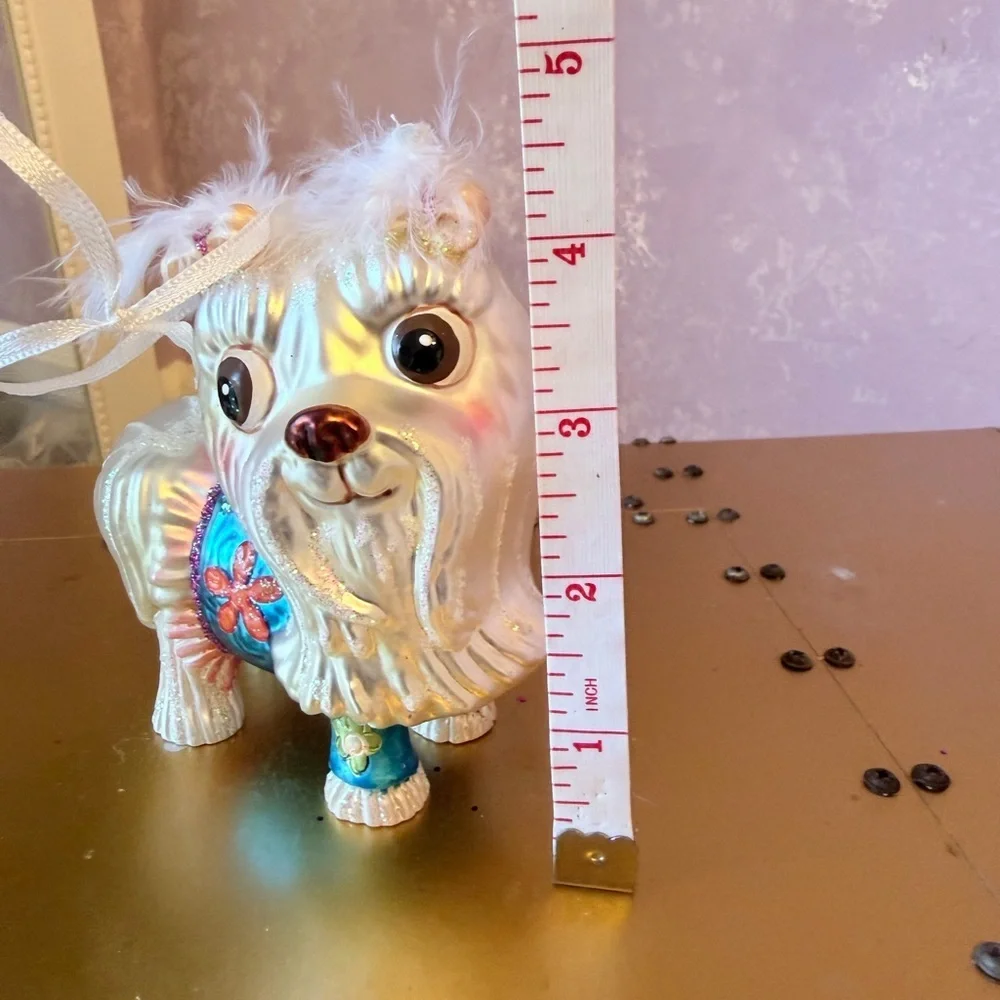 Hand Blown White Lasso Apso with a blue Dress & White Hair Bows Holiday Ornament